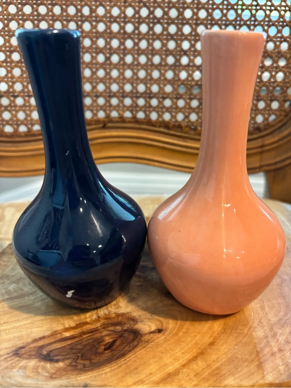 Glossy Ceramic Vase Pair — Navy Blue & Peach